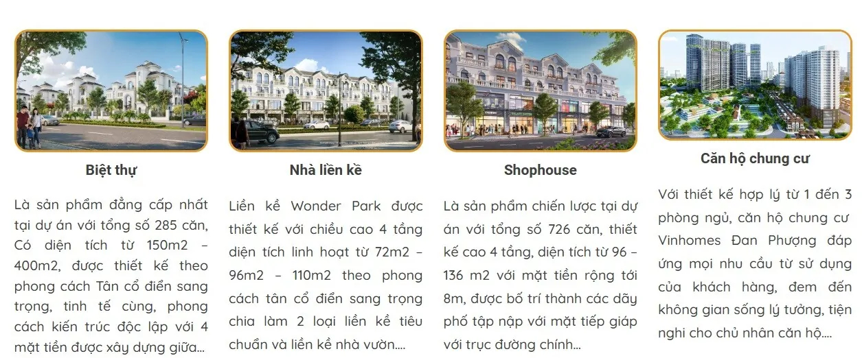 Vinhomes Wonder City Đan Phượng đa dạng biệt thự, liền kề, shophouse, căn hộ.
